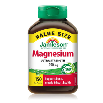 Product label for Jamieson Magnesium 250 mg Ultra Strength (150 caplets) in English