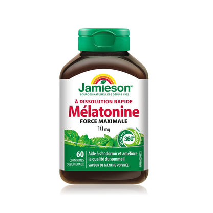 Product label for Jamieson Melatonin 10 mg Max Strength Fast Dissolving (60 sublingual tablets) FR