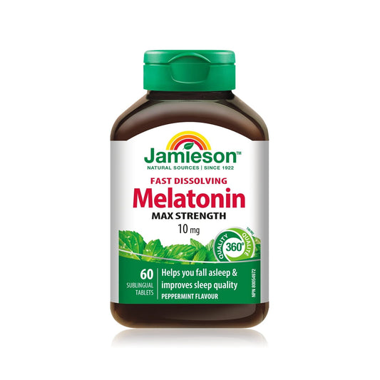 Product label for Jamieson Melatonin 10 mg Max Strength Fast Dissolving (60 sublingual tablets) EN