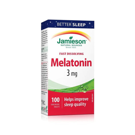 Product label for Jamieson Melatonin 3 mg Fast Dissolving Sublingual Tablets (100 tablets) in English