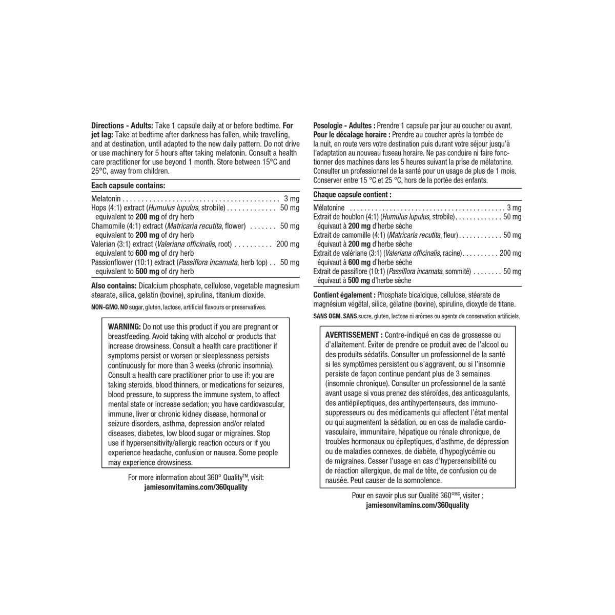 Directions, ingredients, warnings for Jamieson Melatonin Stress & Sleep Support (30 capsules)