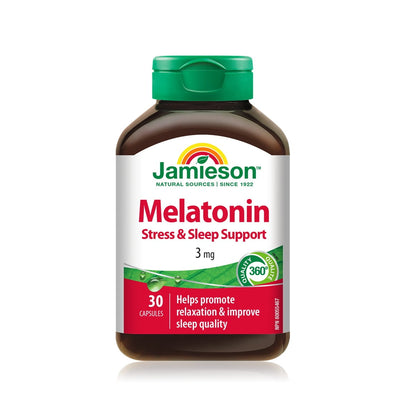 Product label for Jamieson Melatonin Stress & Sleep Support (30 capsules) EN