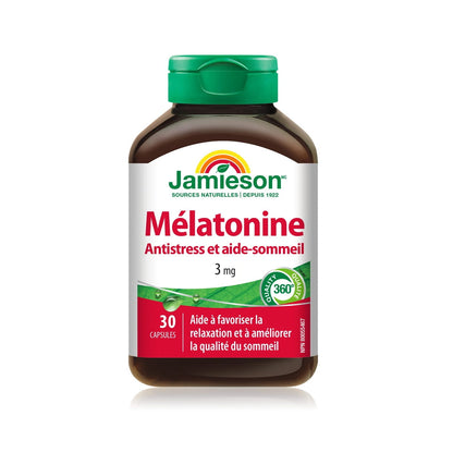 Product label for Jamieson Melatonin Stress & Sleep Support (30 capsules) FR