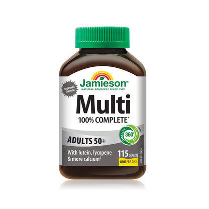 Product label for Jamieson Multi 100% Complete Vitamin for Adults 50+ (115 caplets) EN
