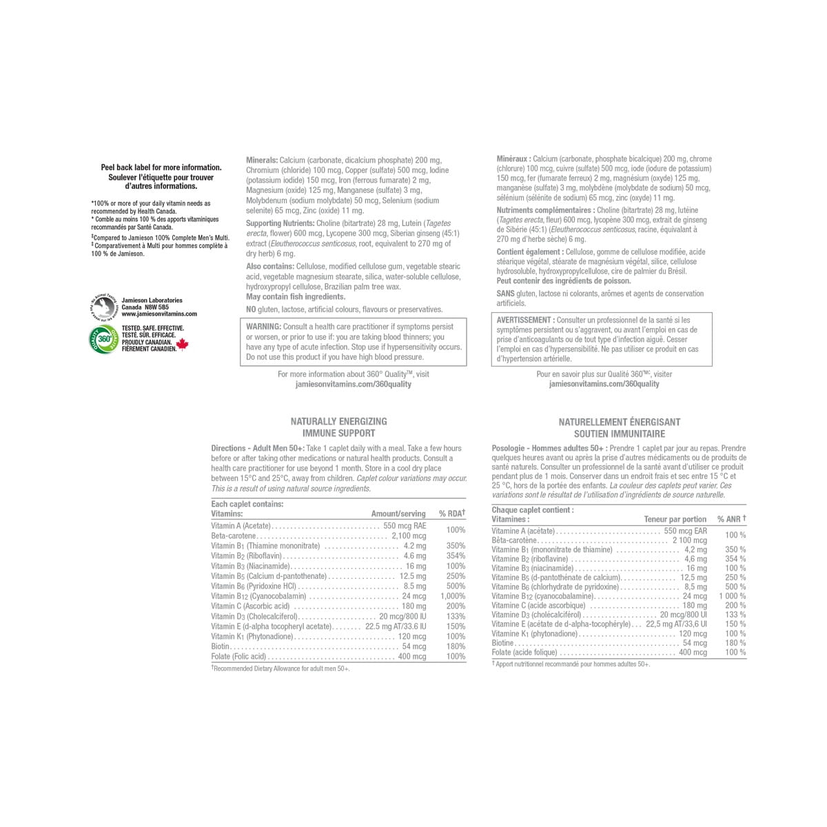 Ingredients, directions, warnings for Jamieson Multi 100% Complete Vitamin for Men 50+ (115 caplets)