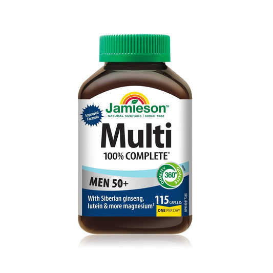 Product label for Jamieson Multi 100% Complete Vitamin for Men 50+ (115 caplets) EN