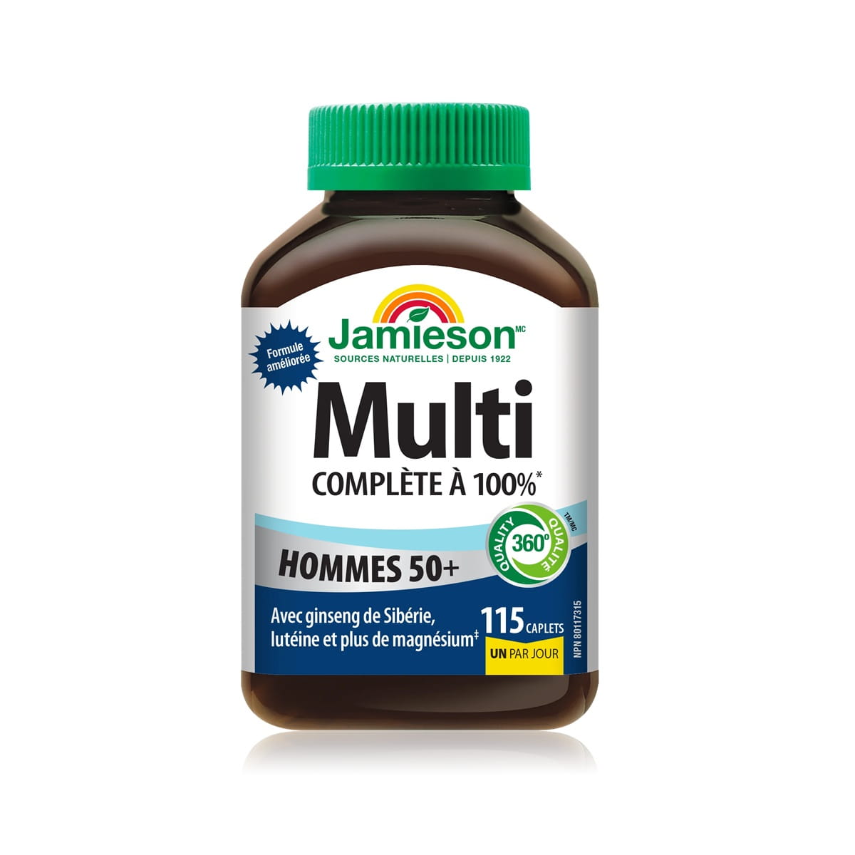 Product label for Jamieson Multi 100% Complete Vitamin for Men 50+ (115 caplets) FR