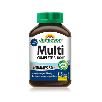 Product label for Jamieson Multi 100% Complete Vitamin for Men 50+ (115 caplets) FR