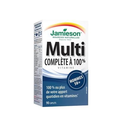 Product label for Jamieson Multi 100% Complete Vitamin for Men 50+ (90 caplets) in French