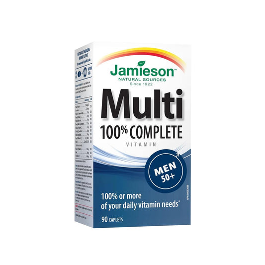 Product label for Jamieson Multi 100% Complete Vitamin for Men 50+ (90 caplets) in English