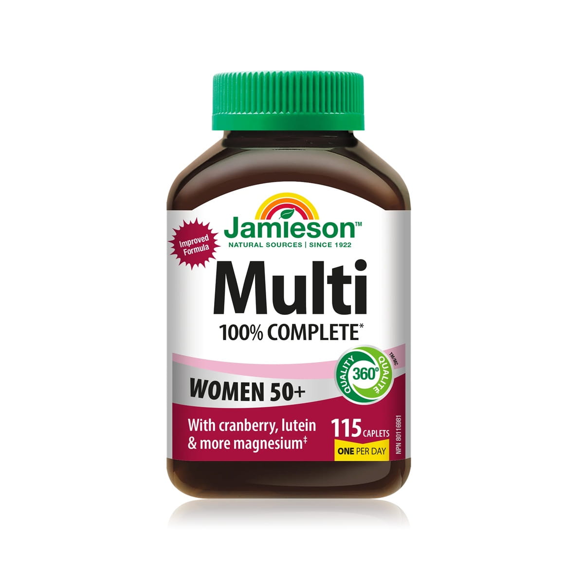 Product label for Jamieson Multi 100% Complete Vitamin for Women 50+ (115 caplets) EN