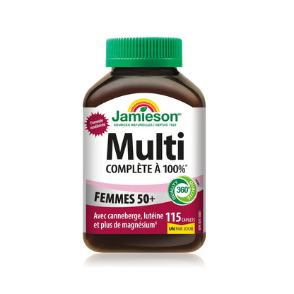 Product label for Jamieson Multi 100% Complete Vitamin for Women 50+ (115 caplets) FR