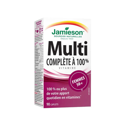 Product label for Jamieson Multi 100% Complete Vitamin for Women 50+ (90 caplets) in French
