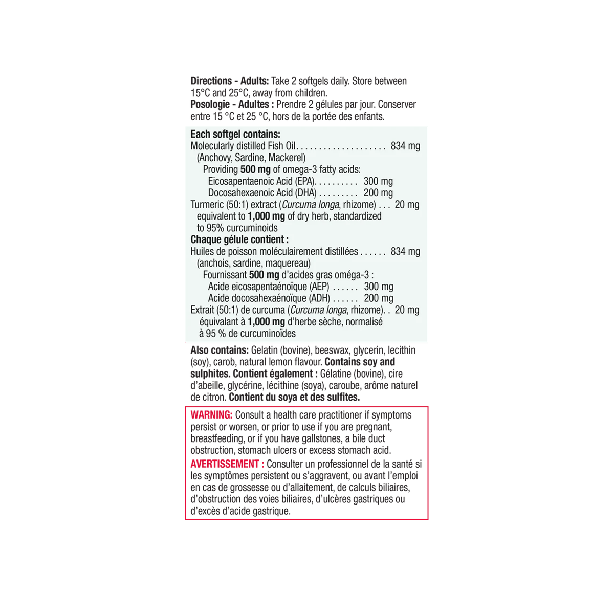 Ingredients, warnings Jamieson Omega-3 + Turmeric No Fishy Aftertaste (75 softgels)