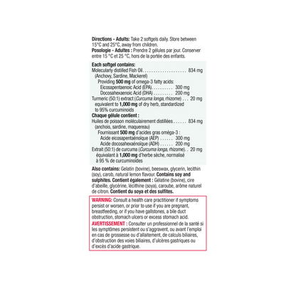 Ingredients, warnings Jamieson Omega-3 + Turmeric No Fishy Aftertaste (75 softgels)