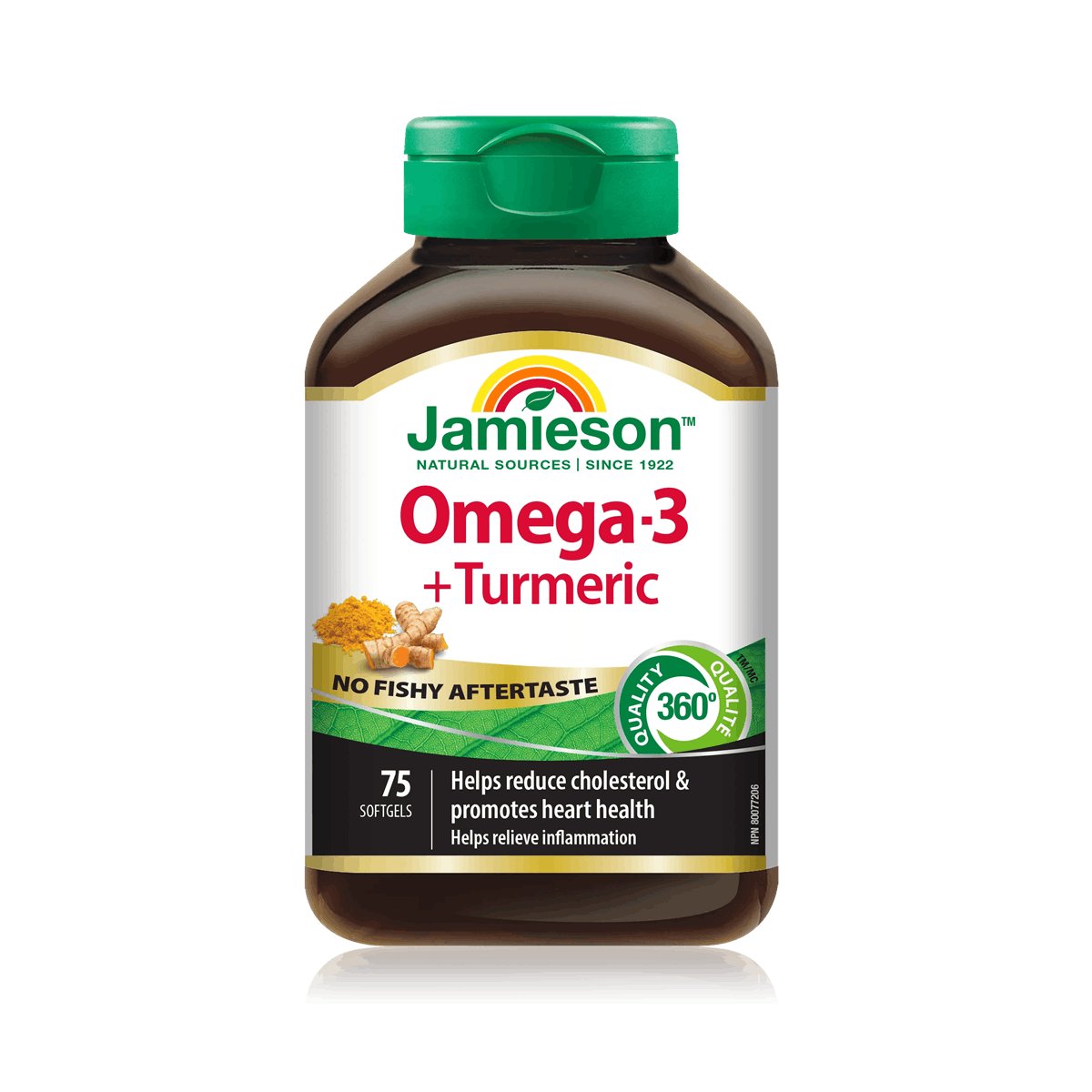 Product label for Jamieson Omega-3 + Turmeric No Fishy Aftertaste (75 softgels) EN