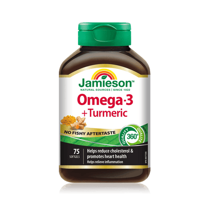 Product label for Jamieson Omega-3 + Turmeric No Fishy Aftertaste (75 softgels) EN
