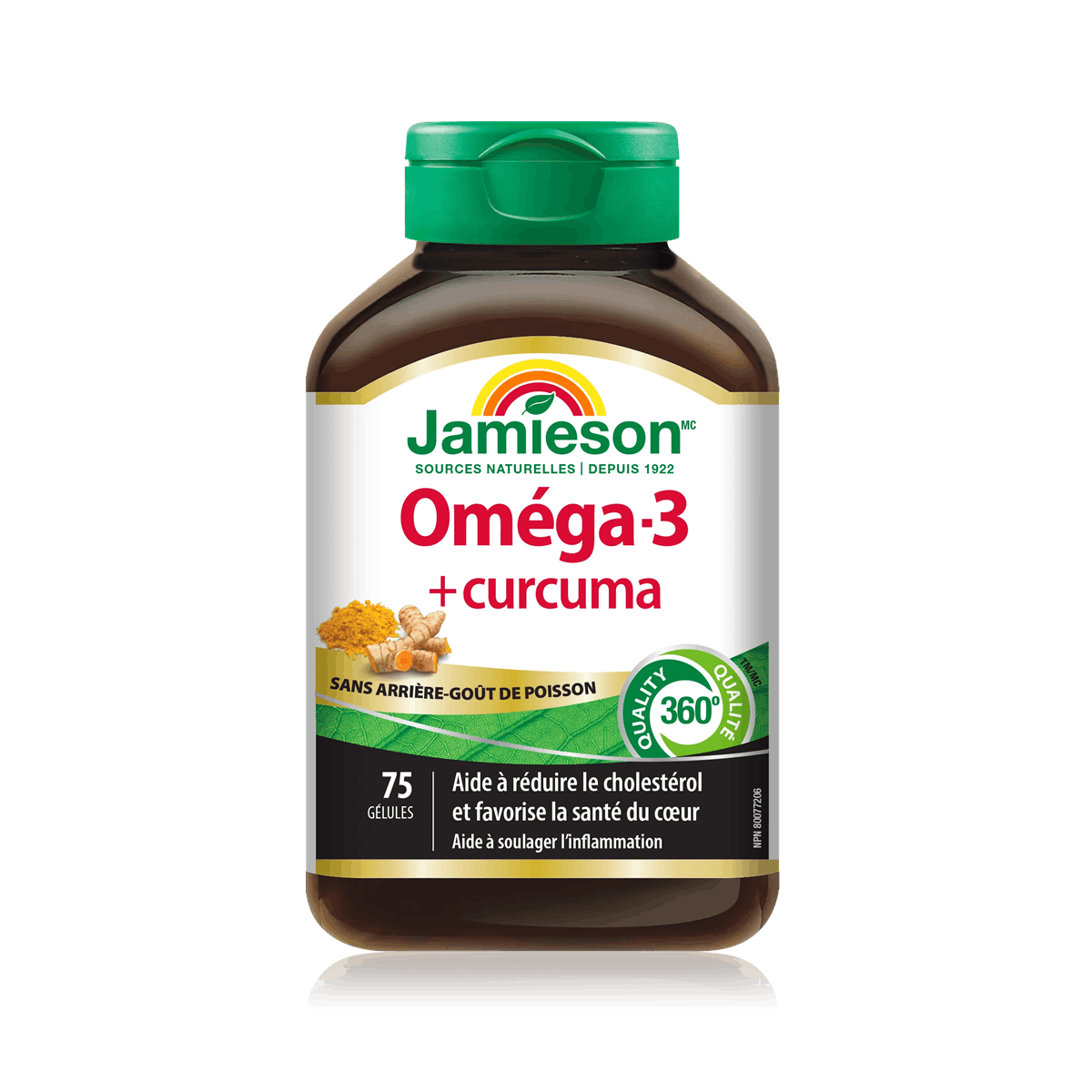 Product label for Jamieson Omega-3 + Turmeric No Fishy Aftertaste (75 softgels) FR