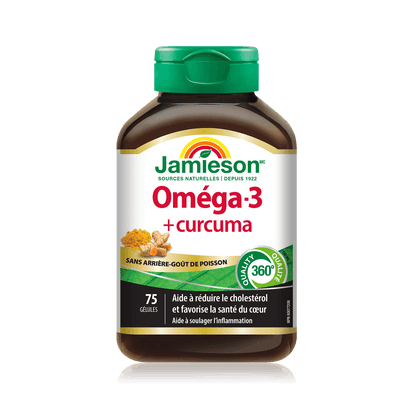 Product label for Jamieson Omega-3 + Turmeric No Fishy Aftertaste (75 softgels) FR