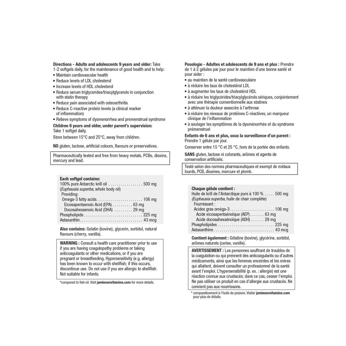 Directions, ingredients, warnings for Jamieson Omega Complete Krill 500 mg (60 softgels)
