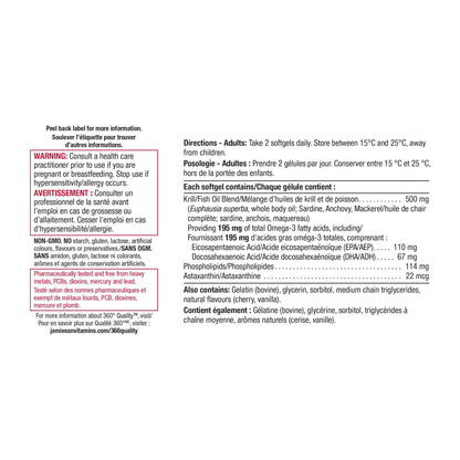 Directions, warnings, ingredients for Jamieson Omega Krill Plus Extra Strength 500 mg (60 softgels)