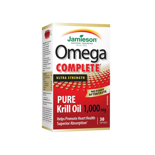 Product label for Jamieson Omega Super Krill 1000 mg (30 softgels) in English