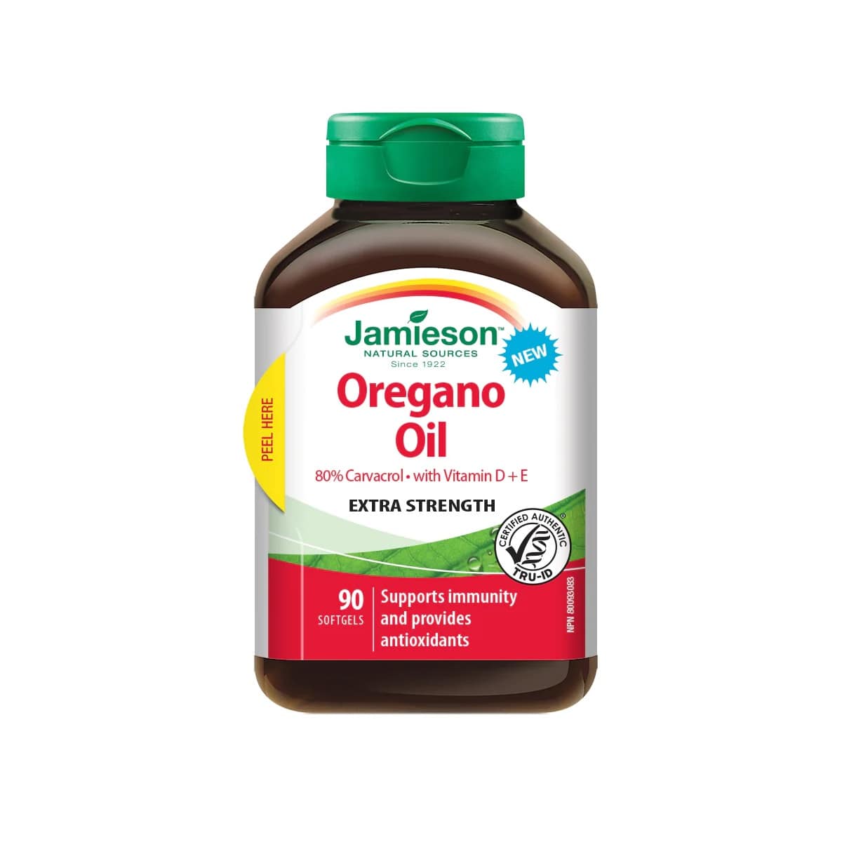 Product label for Jamieson Oregano Oil with Vitamin D and E (90 softgels) in English