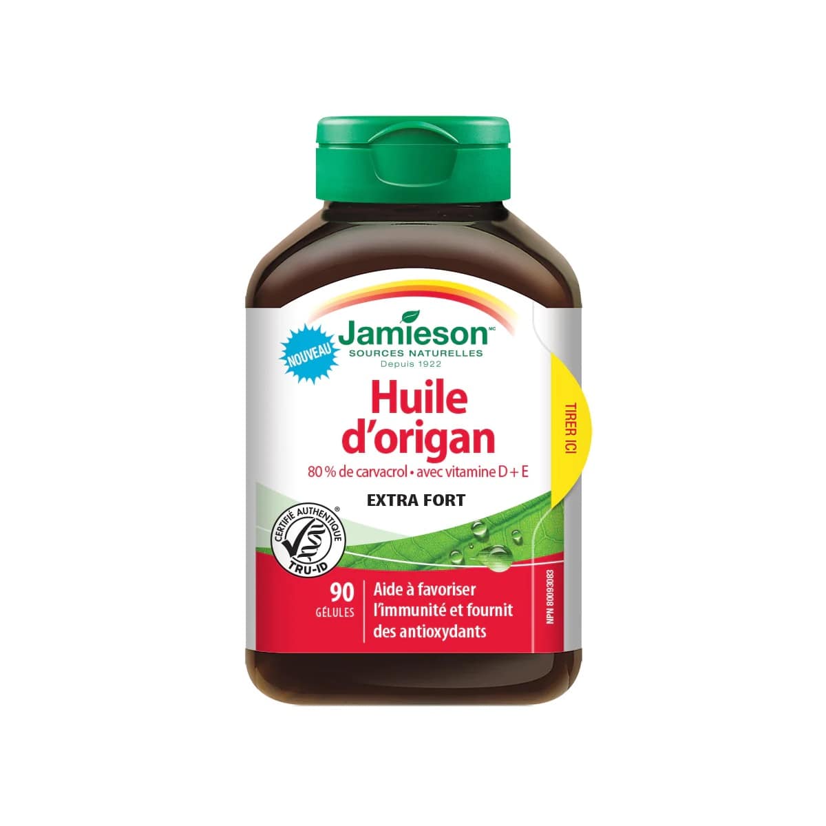 Product label for Jamieson Oregano Oil with Vitamin D and E (90 softgels) in French