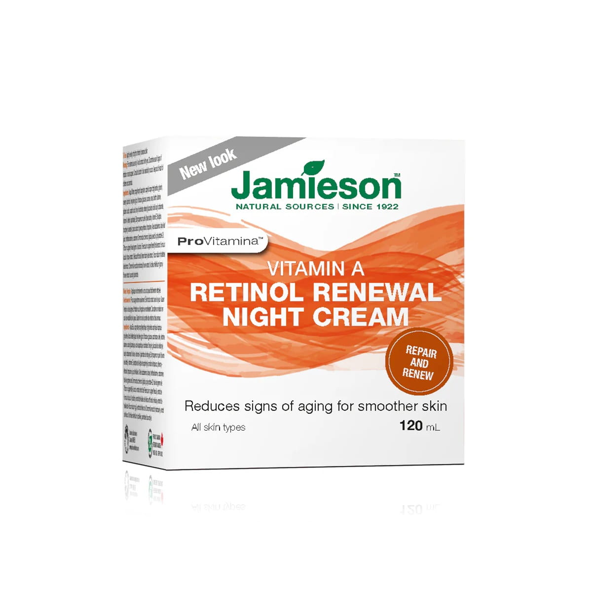 Product label for Jamieson ProVitamina Vitamin A Retinol Renewal Night Cream (120 mL) 