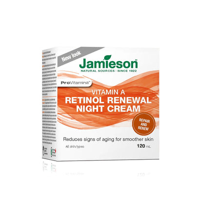 Product label for Jamieson ProVitamina Vitamin A Retinol Renewal Night Cream (120 mL) 