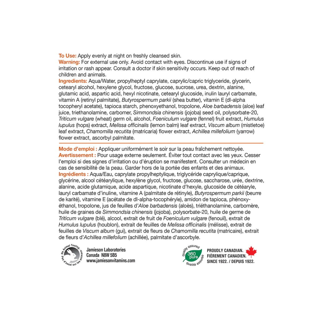 Uses, warnings, ingredients for Jamieson ProVitamina Vitamin A Retinol Renewal Night Cream (120 mL)
