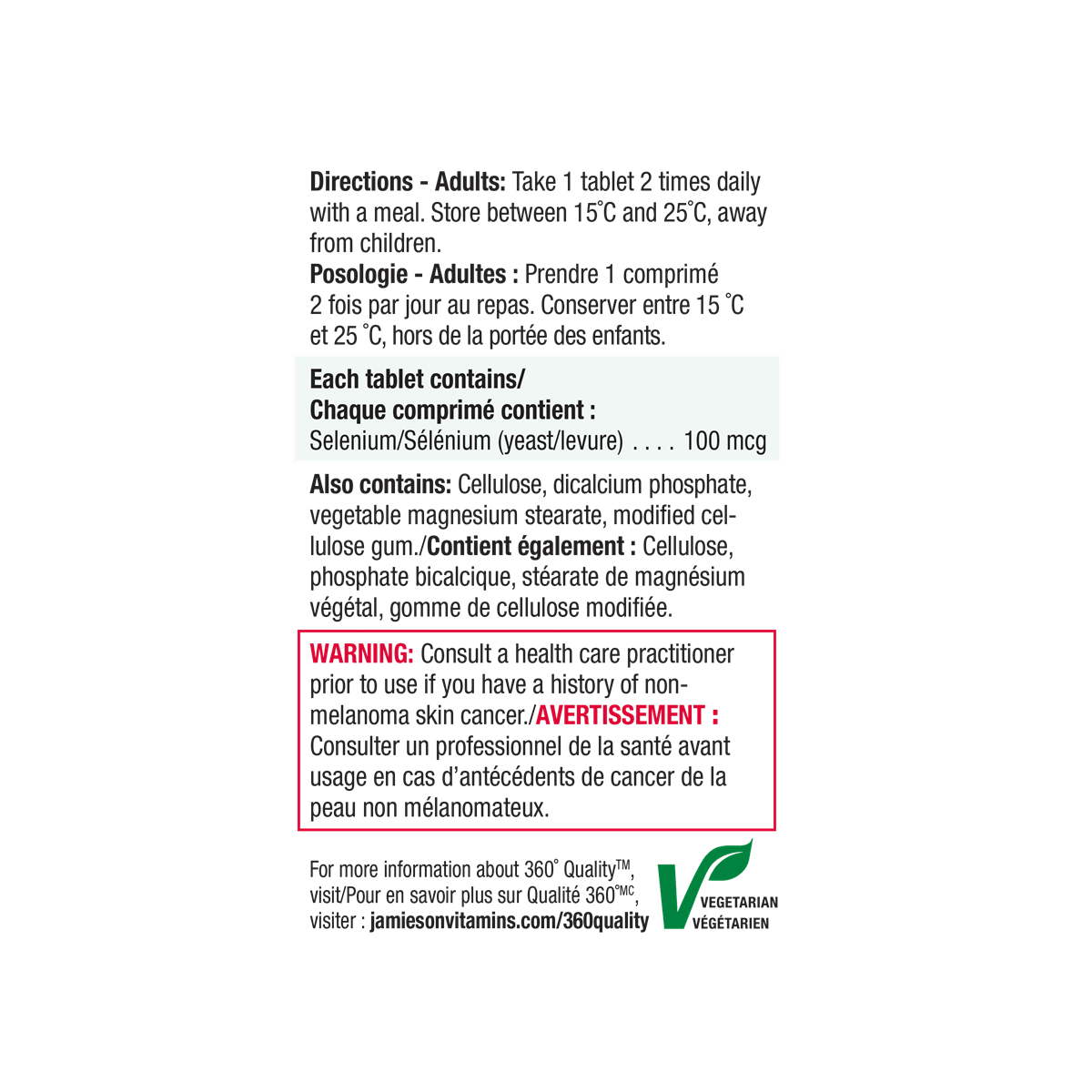 Directions, ingredients, warnings for Jamieson Selenium 100 mcg (100 tablets)