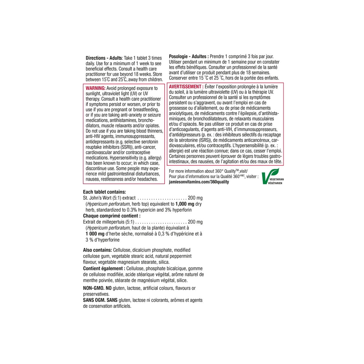Directions, warnings for Jamieson St. John's Wort (60 tablets)