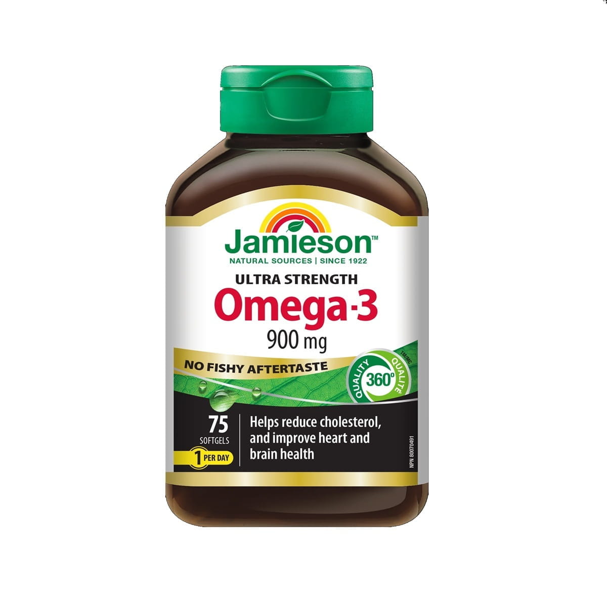 Product label for Jamieson Ultra Strength Omega-3 No Fishy Aftertaste (75 softgels) EN