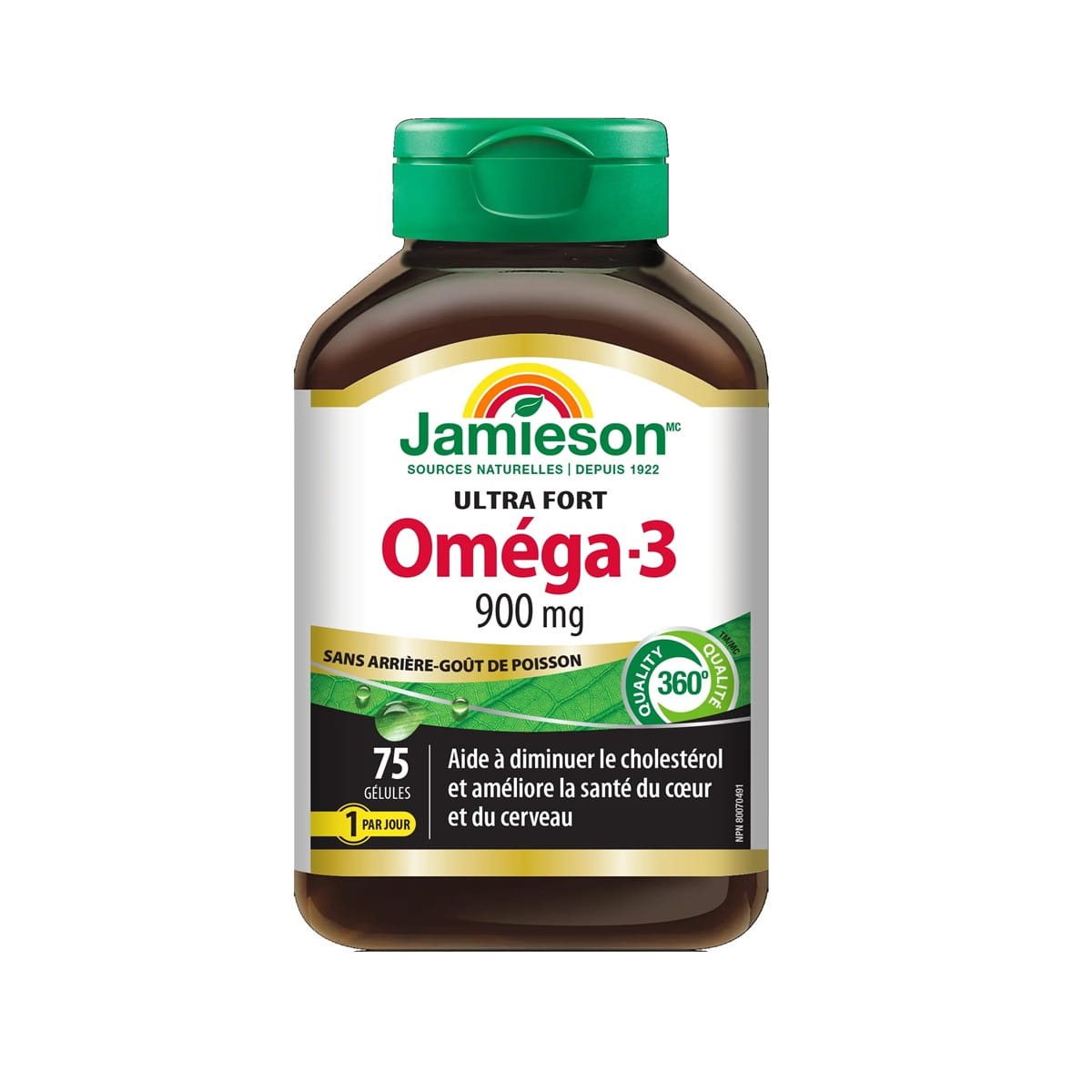 Product label for Jamieson Ultra Strength Omega-3 No Fishy Aftertaste (75 softgels) FR