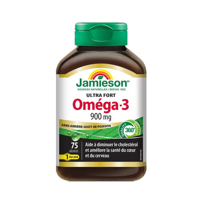 Product label for Jamieson Ultra Strength Omega-3 No Fishy Aftertaste (75 softgels) FR