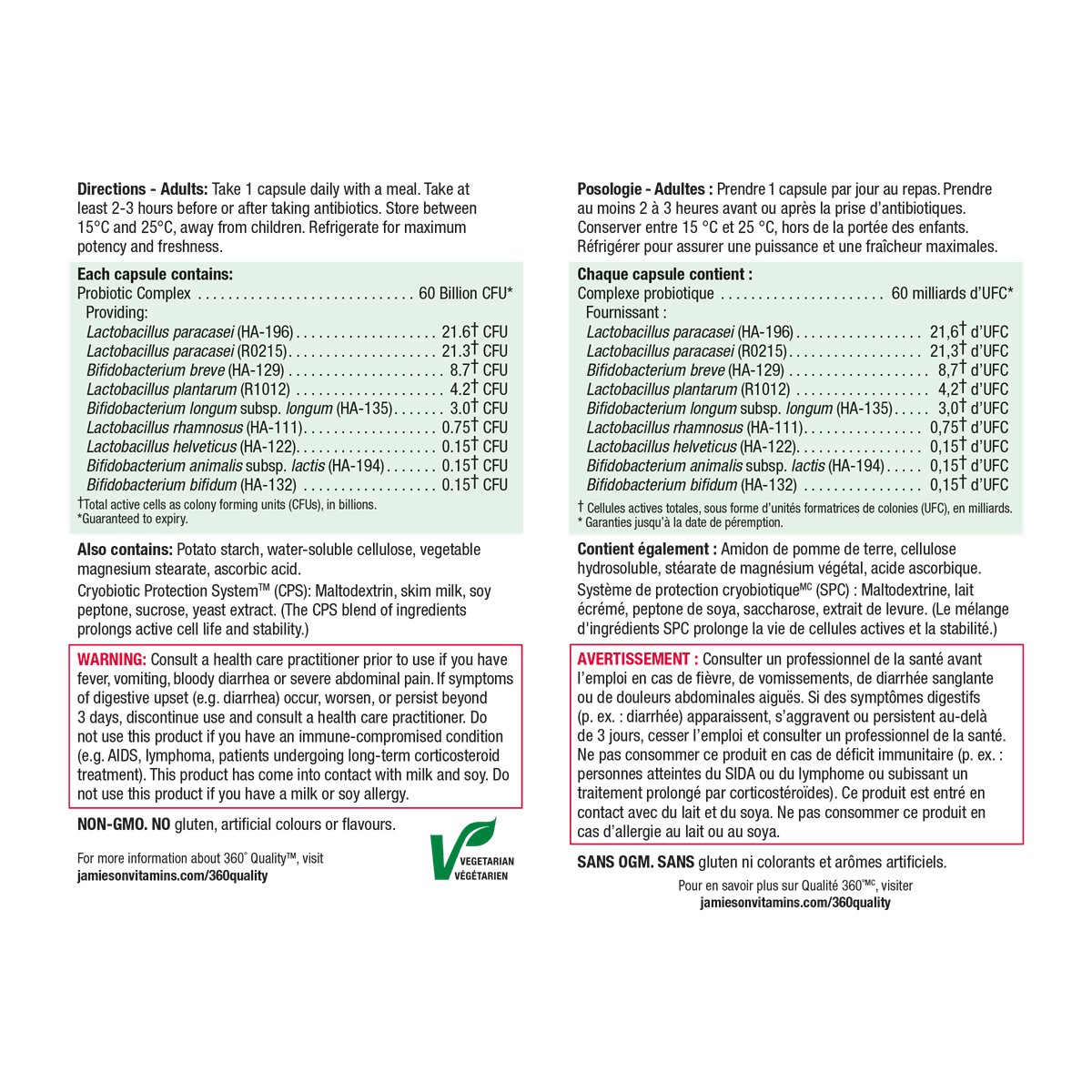 Directions, ingredients, warnings for Jamieson Ultra Strength Probiotic 60 Billion CFU (24 capsules)