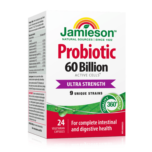 Product label for Jamieson Ultra Strength Probiotic 60 Billion CFU (24 capsules) EN