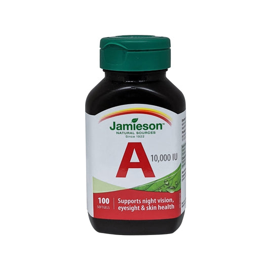 Product label for Jamieson Vitamin A (10,000 IU) (100 softgels) in English