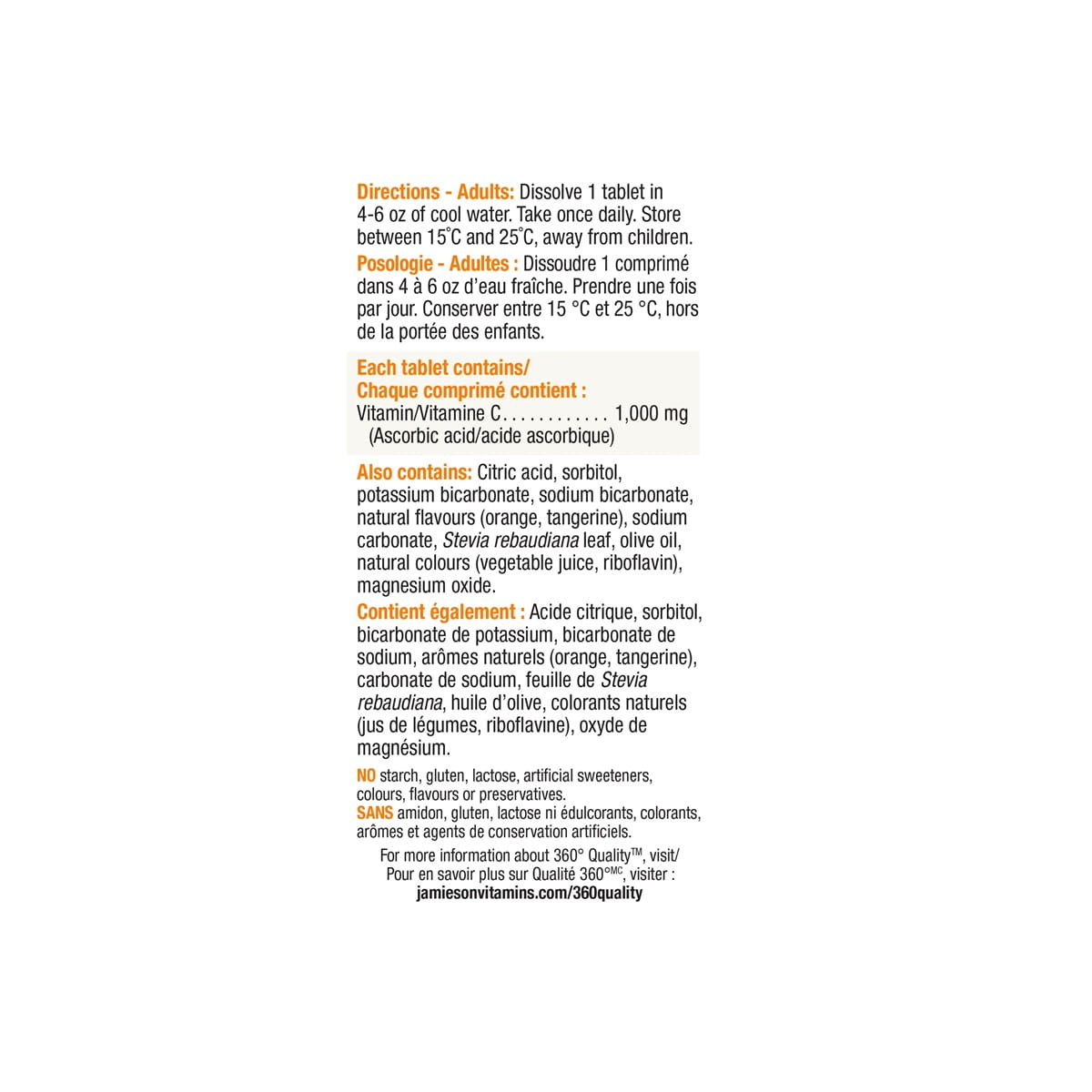 Directions, ingredients for Jamieson Vitamin C 1000 mg Orange Flavour Effervescent Tablets (10 tablets)