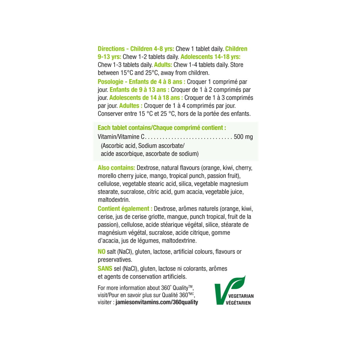 Directions, ingredients for Jamieson Vitamin C 500 mg Chewables Assorted Cherry, Orange, Tropical Fruit (330 tablets)