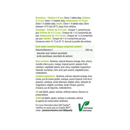 Directions, ingredients for Jamieson Vitamin C 500 mg Chewables Assorted Cherry, Orange, Tropical Fruit (330 tablets)