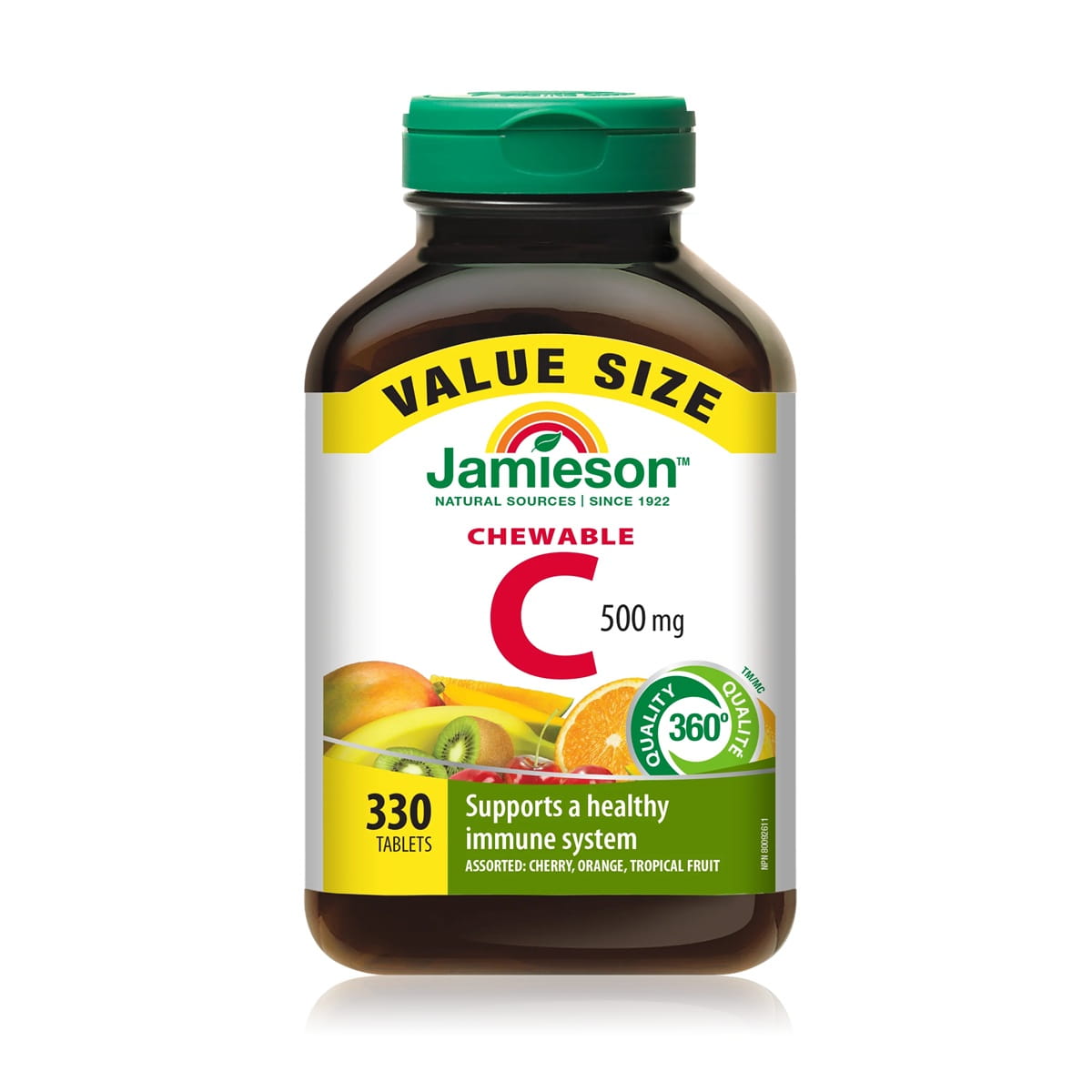 Product label for Jamieson Vitamin C 500 mg Chewables Assorted Cherry, Orange, Tropical Fruit (330 tablets) EN