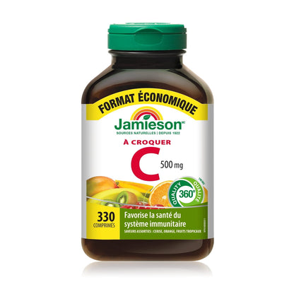 Product label for Jamieson Vitamin C 500 mg Chewables Assorted Cherry, Orange, Tropical Fruit (330 tablets) FR