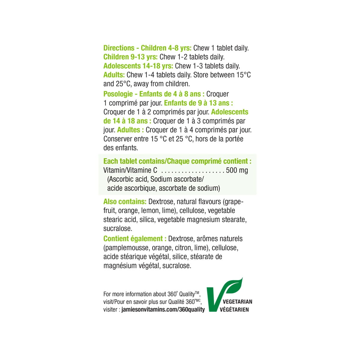 Directions, ingredients, warnings for Jamieson Vitamin C 500 mg Chewables Tangy Citrus Fruit (120 tablets)
