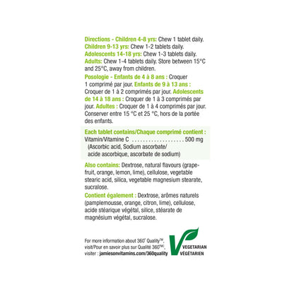 Directions, ingredients, warnings for Jamieson Vitamin C 500 mg Chewables Tangy Citrus Fruit (120 tablets)