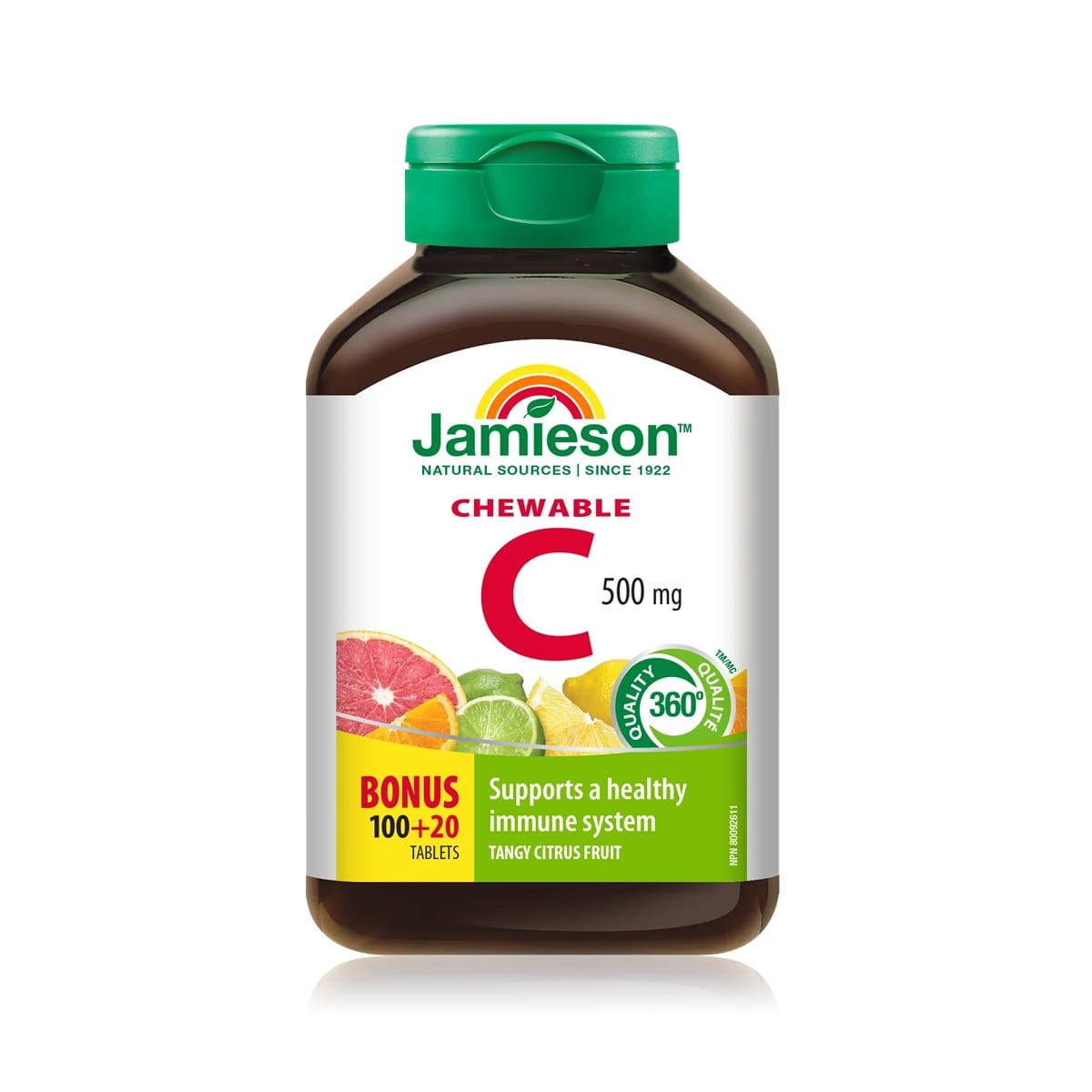 Product label for Jamieson Vitamin C 500 mg Chewables Tangy Citrus Fruit (120 tablets) EN