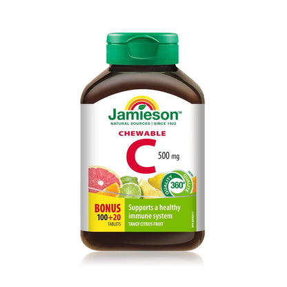 Product label for Jamieson Vitamin C 500 mg Chewables Tangy Citrus Fruit (120 tablets) EN