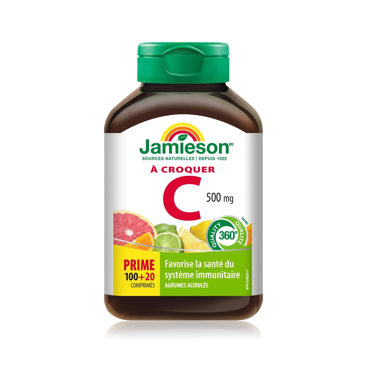 Product label for Jamieson Vitamin C 500 mg Chewables Tangy Citrus Fruit (120 tablets) FR