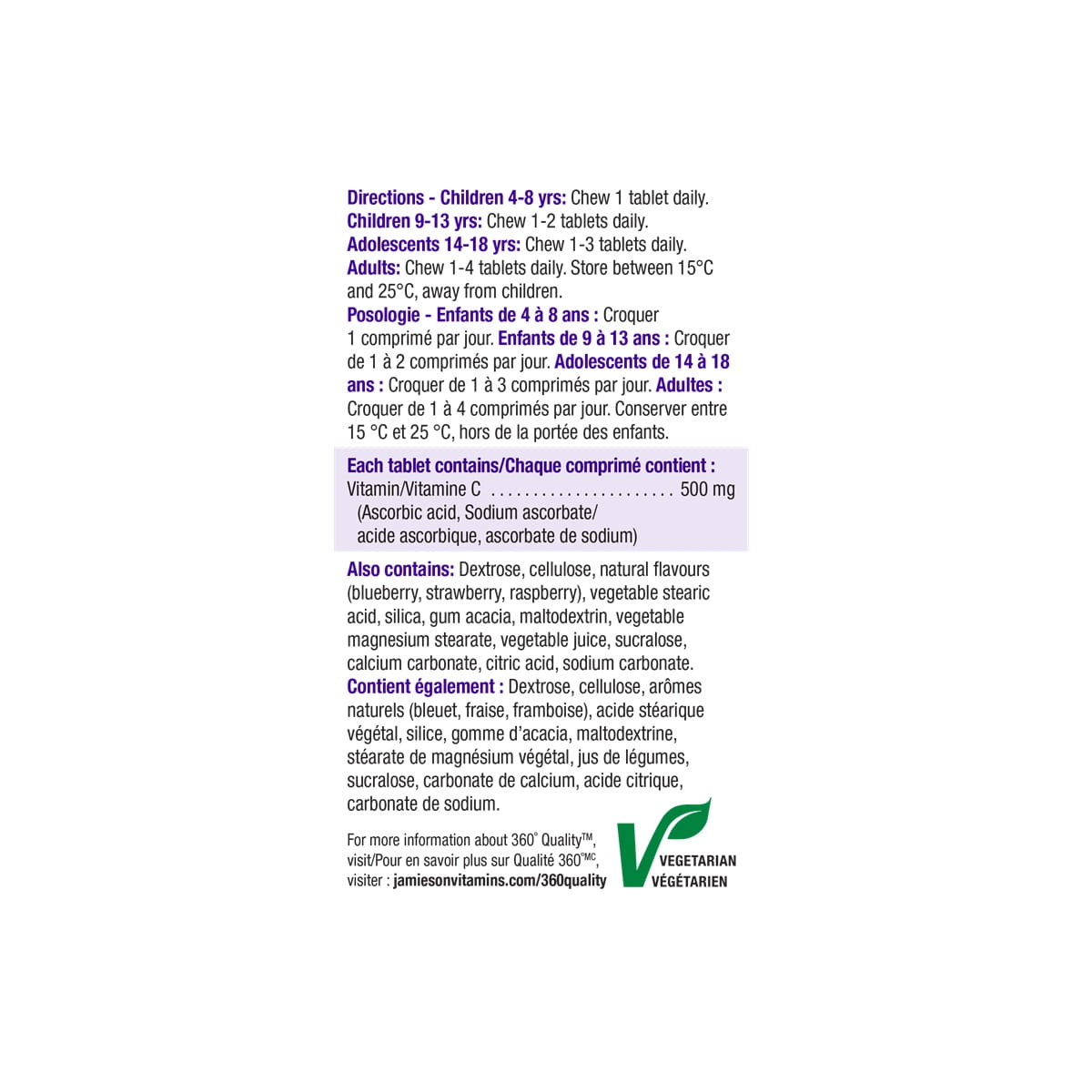 Directions, ingredients warnings for Jamieson Vitamin C 500 mg Chewables Wild Blueberry (120 tablets)